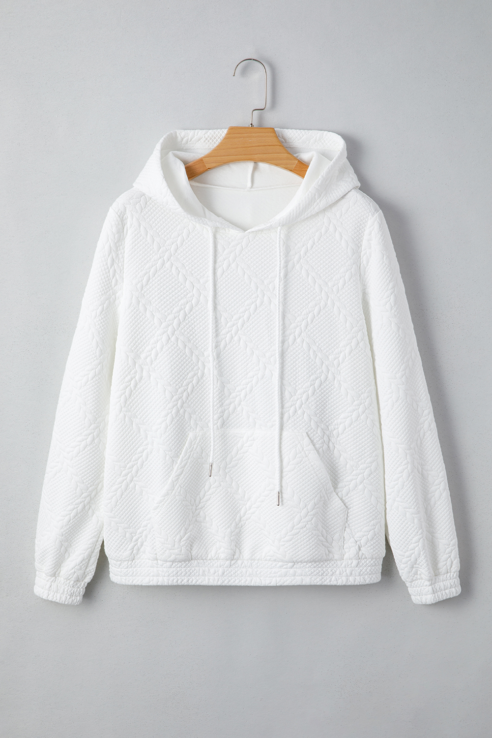 White Cable Lattice Texture Kangaroo Pocket Hoodie