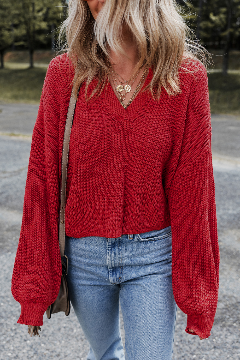 Racing Red Solid Textured Knit V Neck Drop Shoulder Sweater
