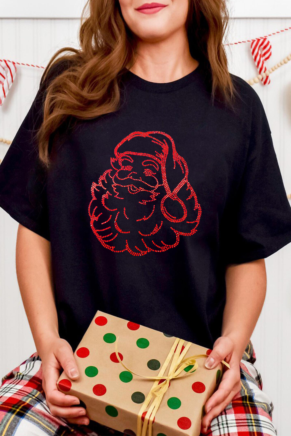 Black Rhinestone Santa Claus Christmas Graphic T Shirt