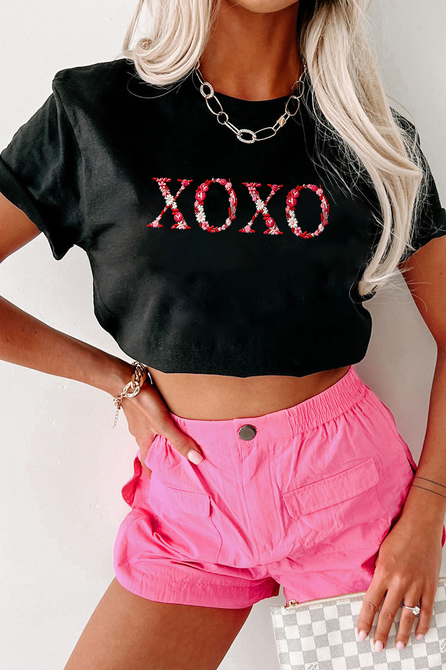 Black XOXO Floral Letter Embroidered Crew Neck T Shirt