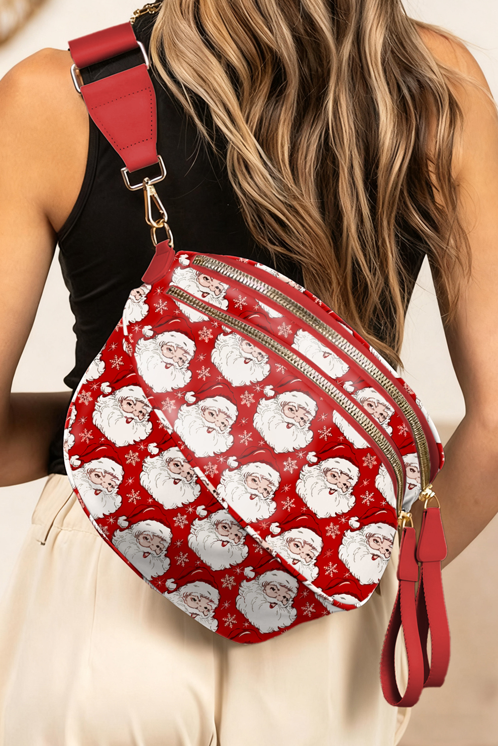 Fiery Red Christmas Theme Double Zip PU Leather Crossbody Bag