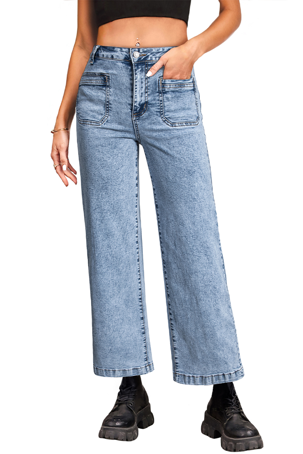 Light Blue Chic Patch Pocket Straight Leg Loose Jeans
