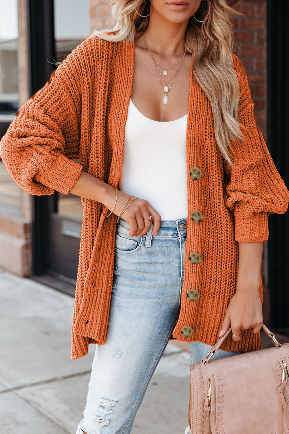 Gold Flame Button Front V Neck Chunky Cardigan Sweater
