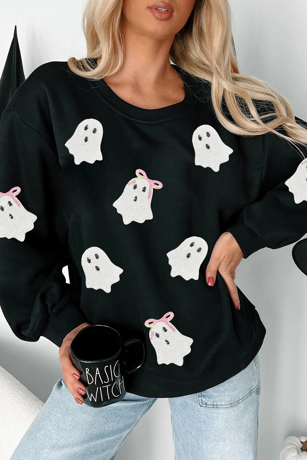 Wisteria Glitter Trim Chenille Ghost Patched Halloween Graphic Tee