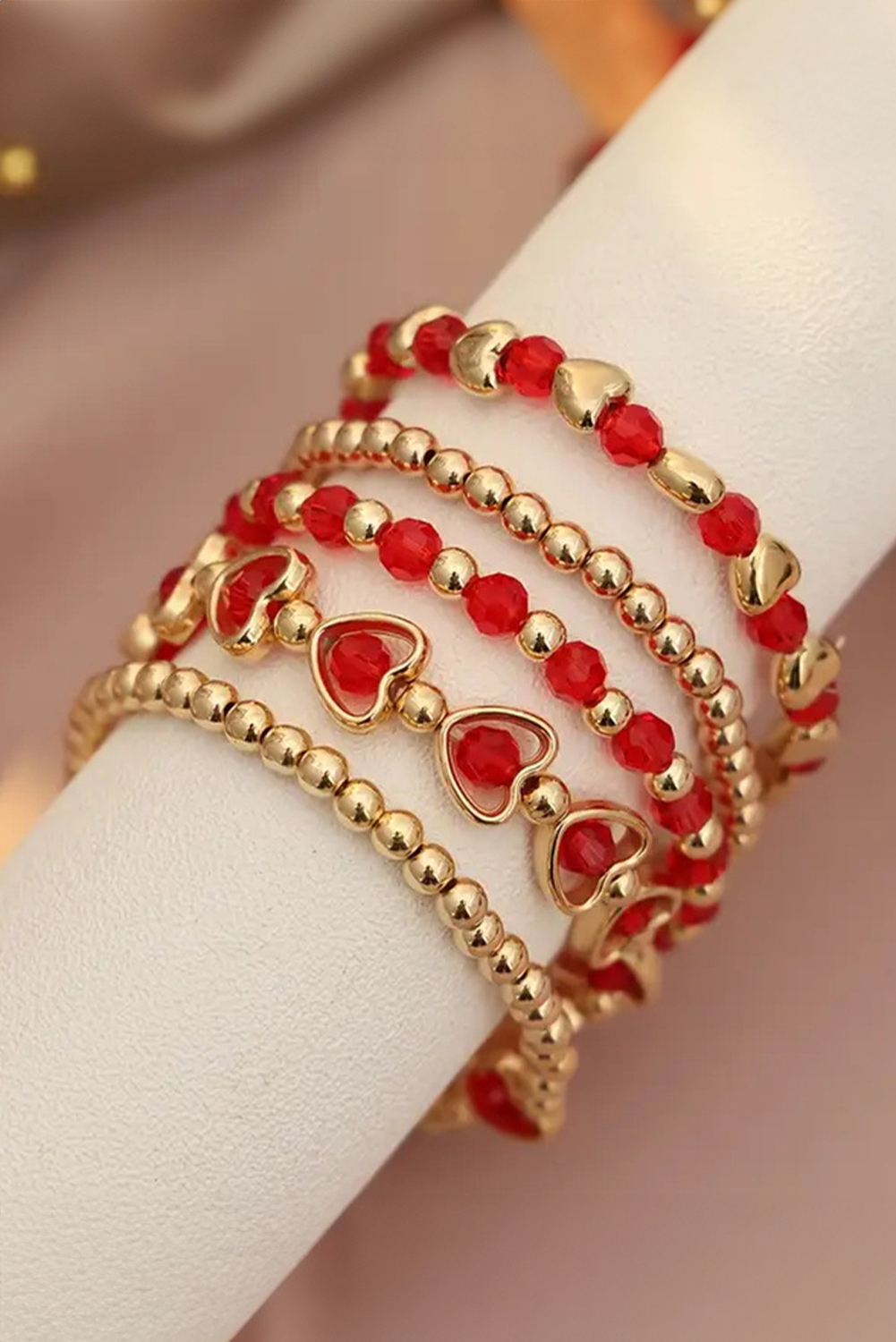 Fiery Red Heart Shape Plated Beaded Elastic Bracelet Set