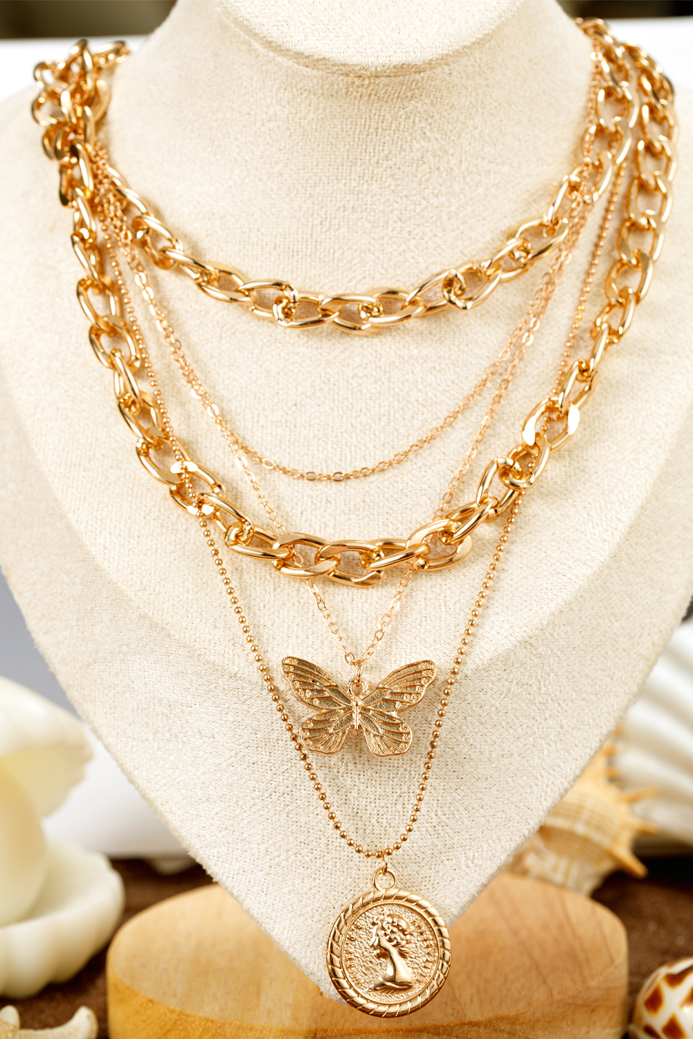 Gold Plated Alloy Multilayer Butterfly Charm Necklace