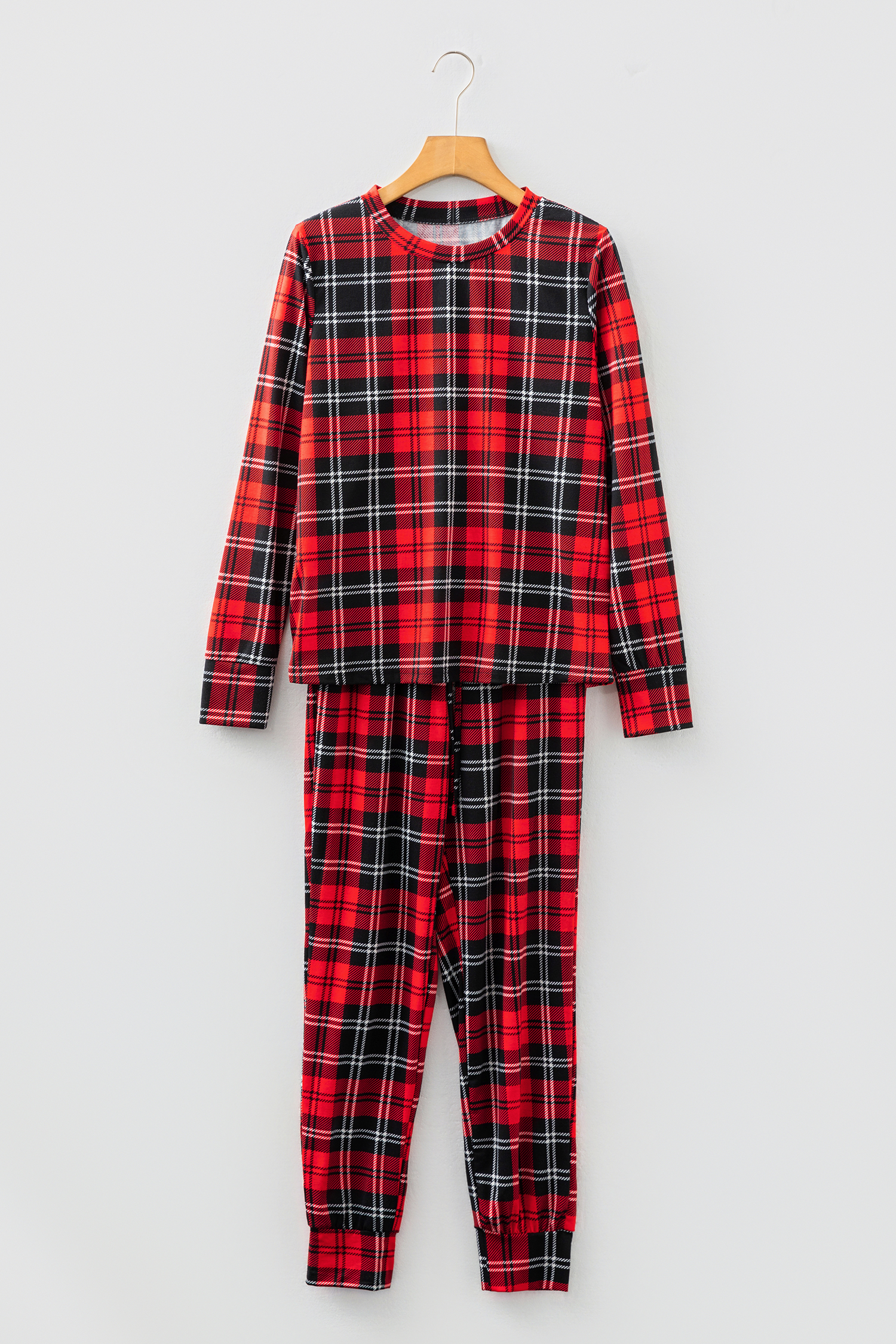 Red Festive Plaid Print Round Neck Long Sleeve and Pants 2 Piece Lounge Set