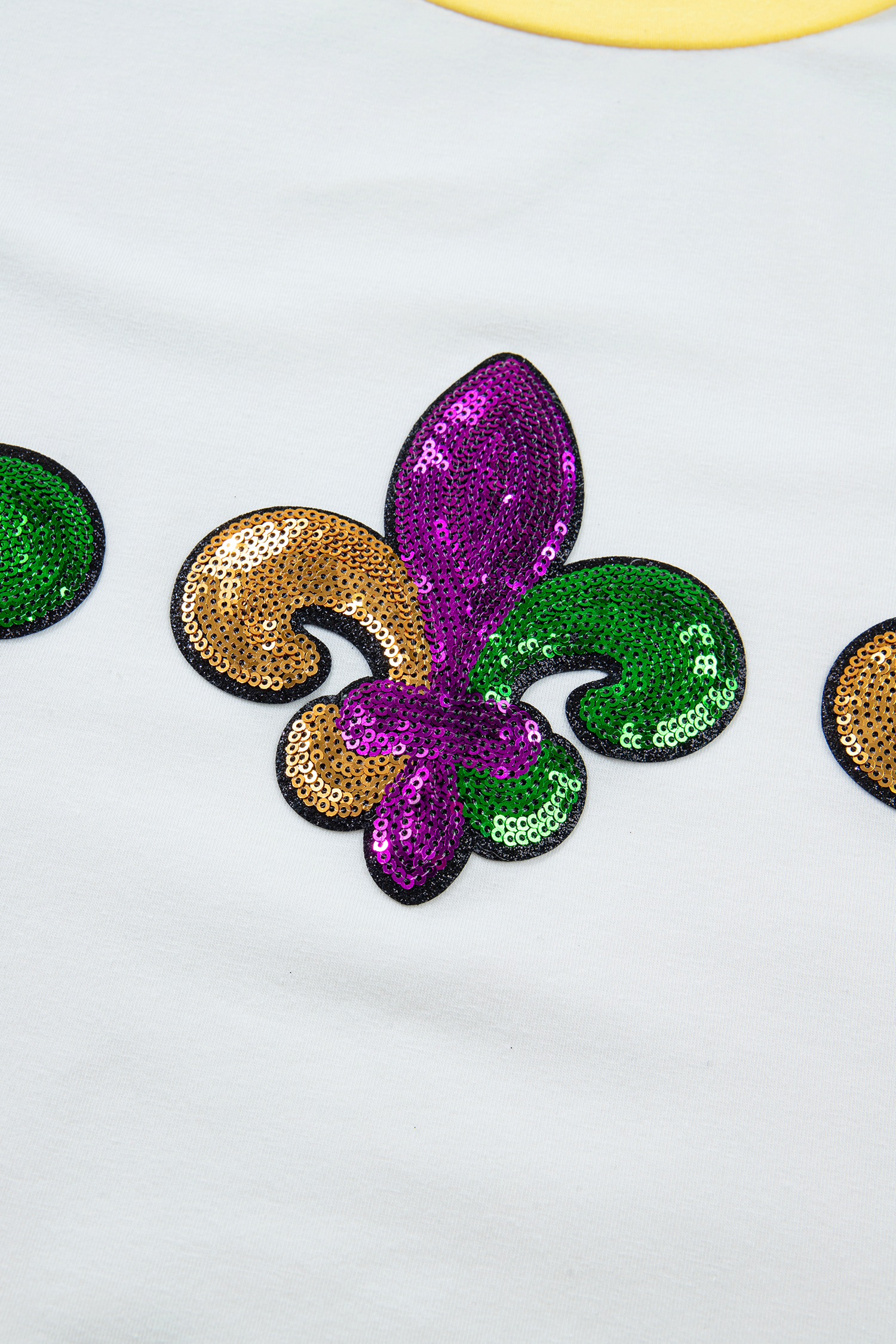 White Sequin Fleur de Lis Mardi Gras Varsity T Shirt