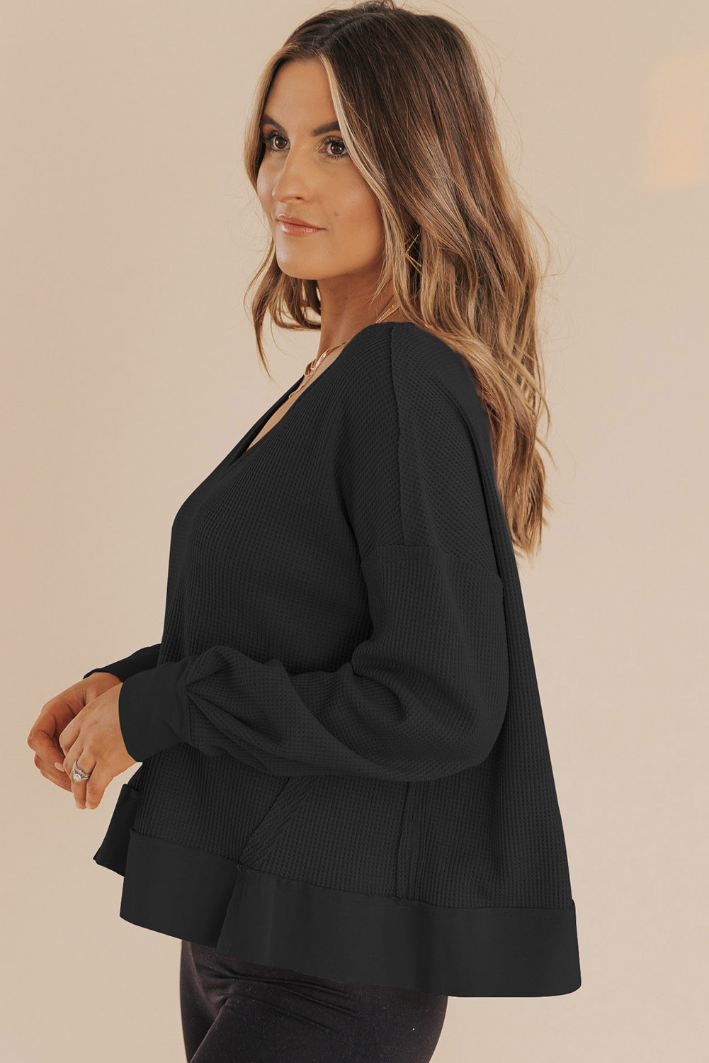 Dark Brown Waffle Knit Notched V Neck Drop Shoulder Solid Sweatshirt