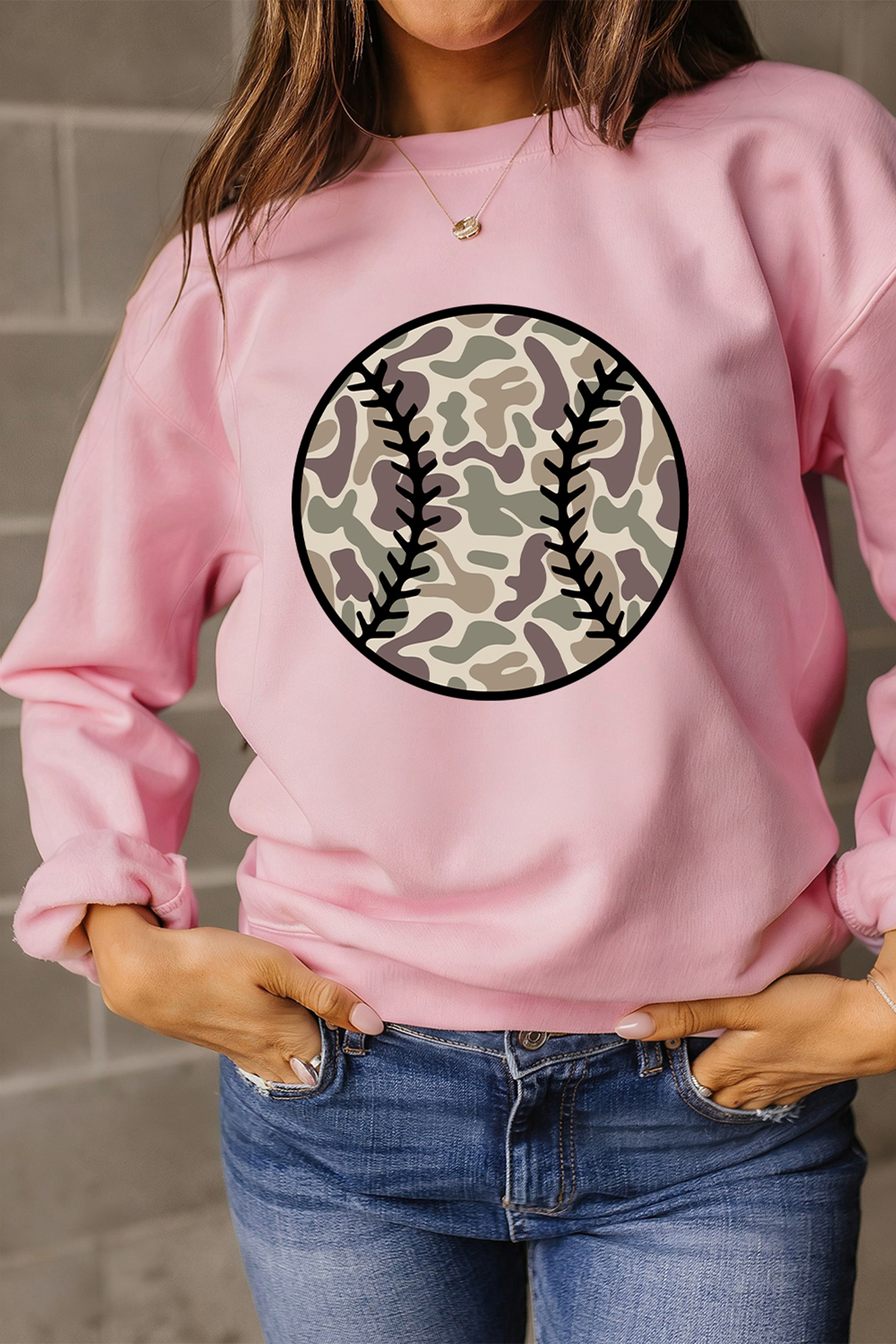 Pink Camouflage Baseball Dropped Shoulder Sweatshirt