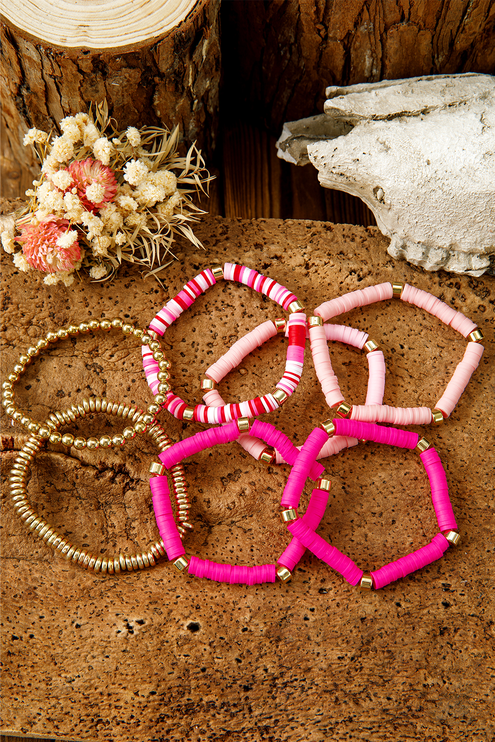 Bright Pink 7pcs Gold Plated Clay Beading Multi Layered Bracelet Set