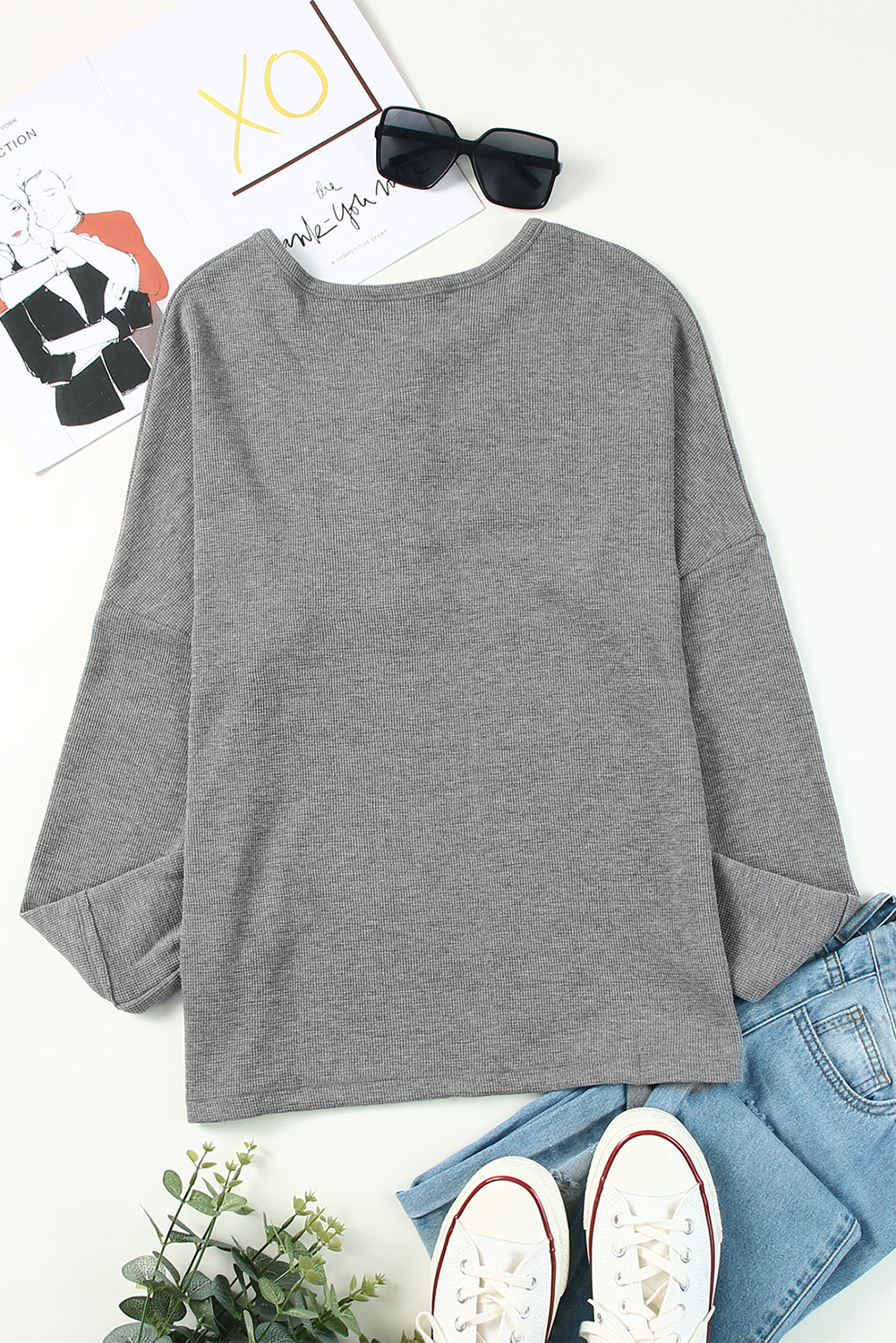 Black Waffle Knit Henley Top