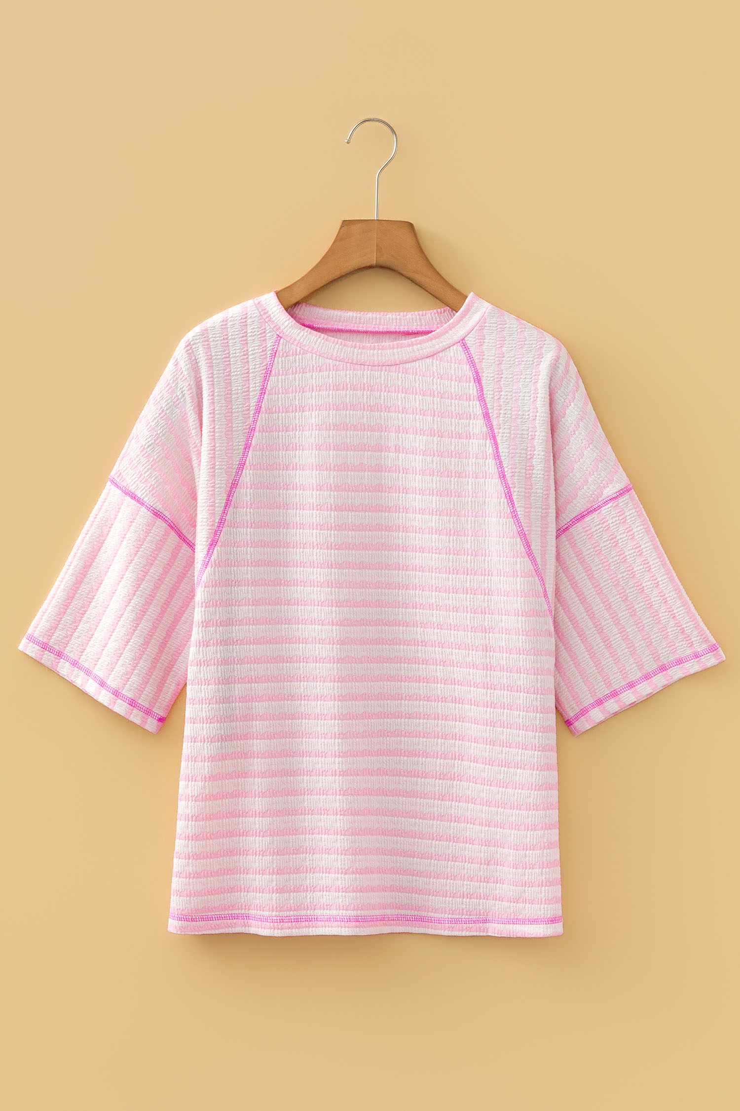 Pink Stripe Textured Knit Split Hem Half Sleeve Loose Top