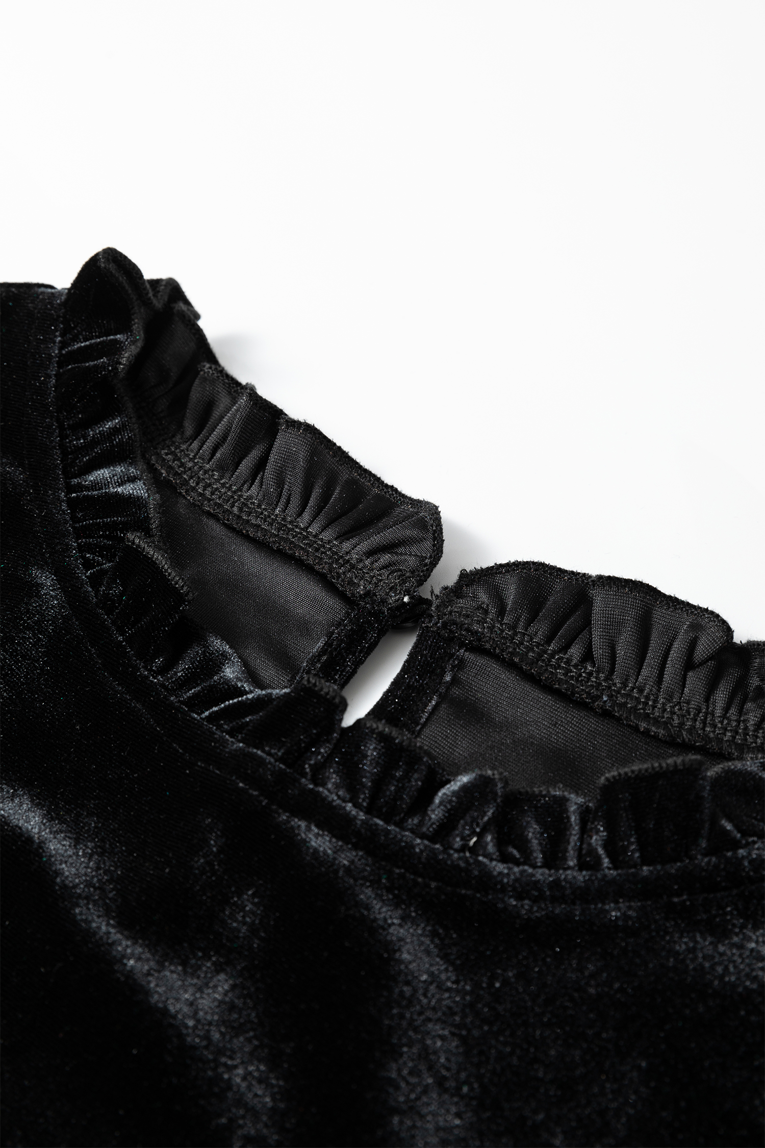 Black Frilled Collared Smocked Cuffs Puff Sleeve Velvet Blouse