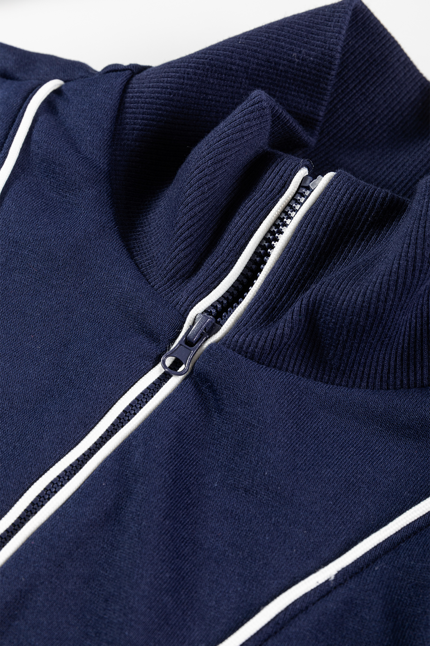 Navy Blue Contrast Piping Zipped Pullover Cropped Pants Set