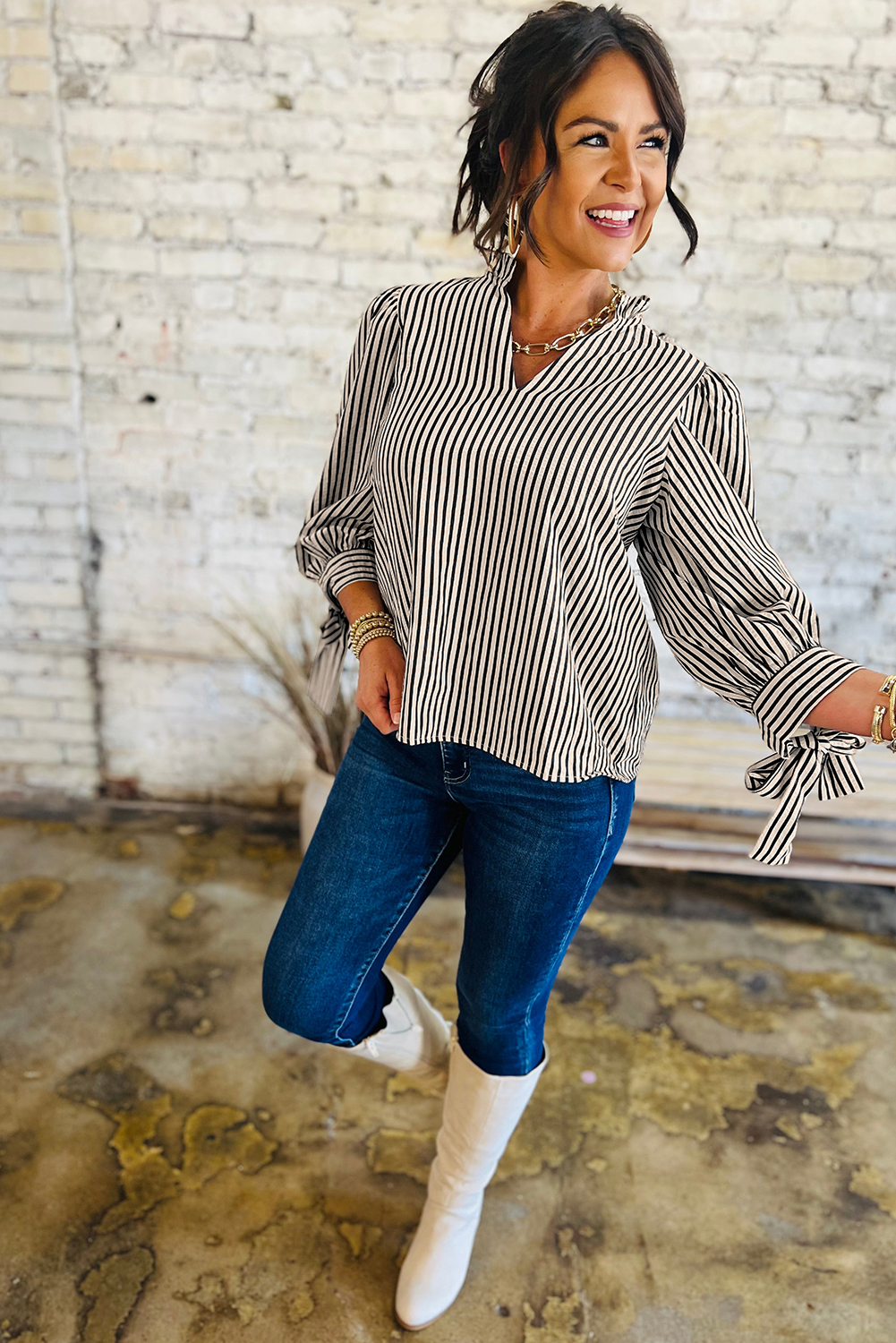 Black Stripe Knotted Cuff Long Sleeve V Neck Blouse