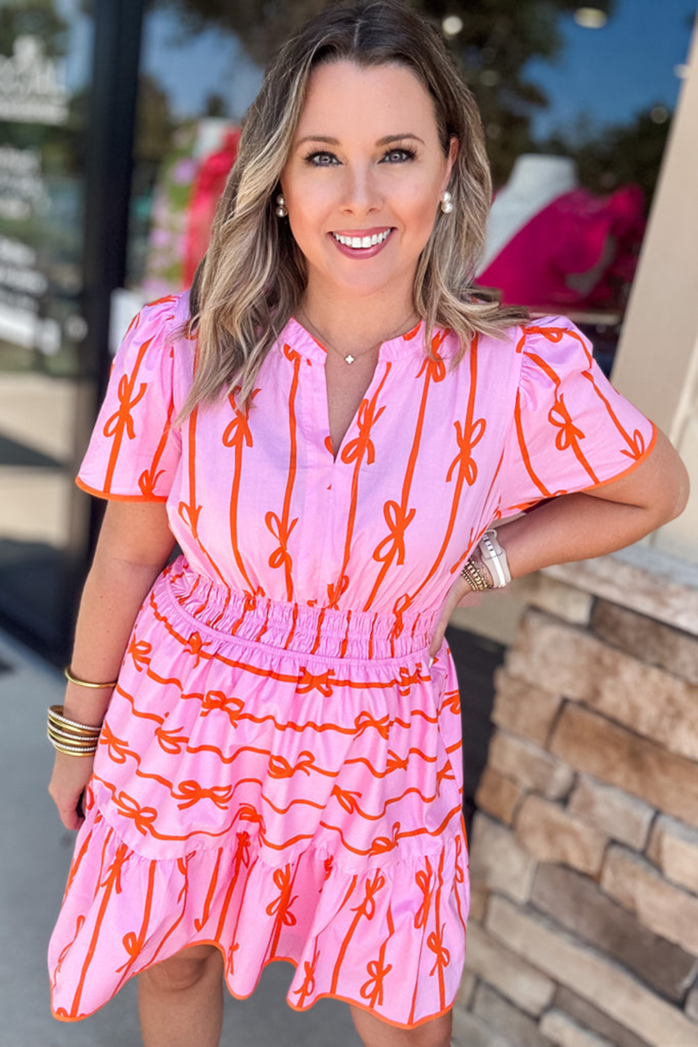 Pink Bowknot Striped Printed Bubble Sleeve Buttoned Belted Mini Dress