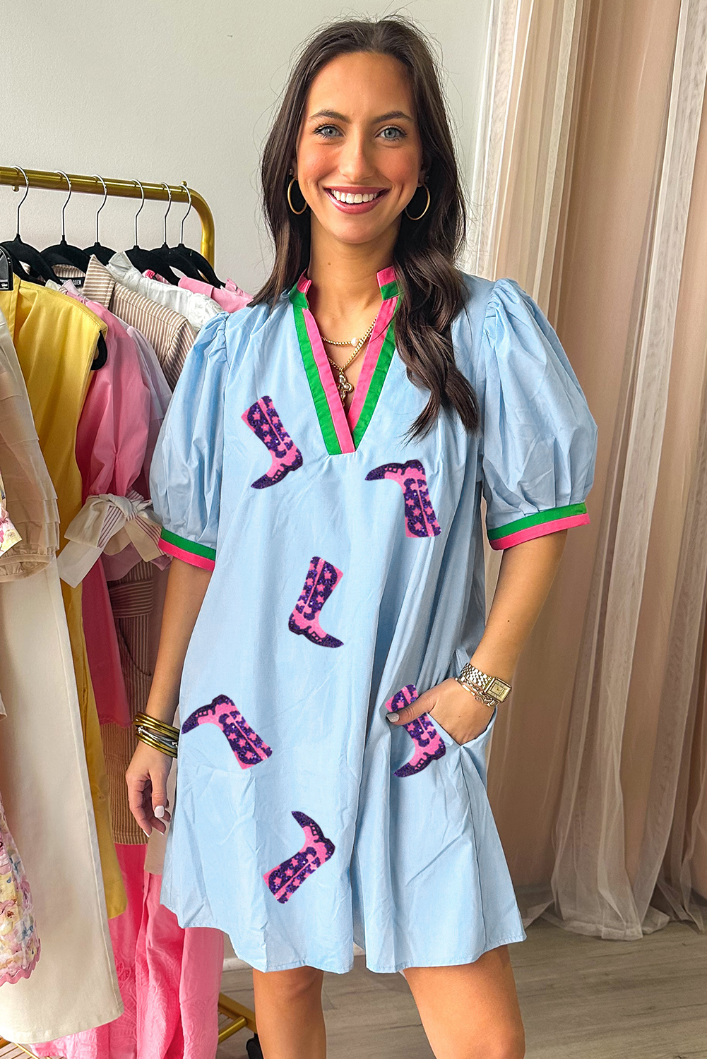 Myosotis Sequined Cowgirl Boots Pattern Contrast V Neckline Half Puff Sleeve Dress