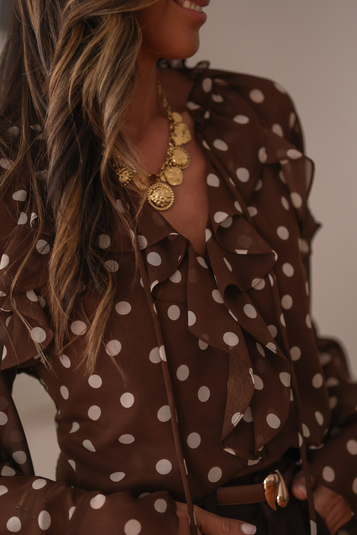 Coffee Polka Dot Print Ruffle Trim V Neck Long Bell Sleeve Blouse
