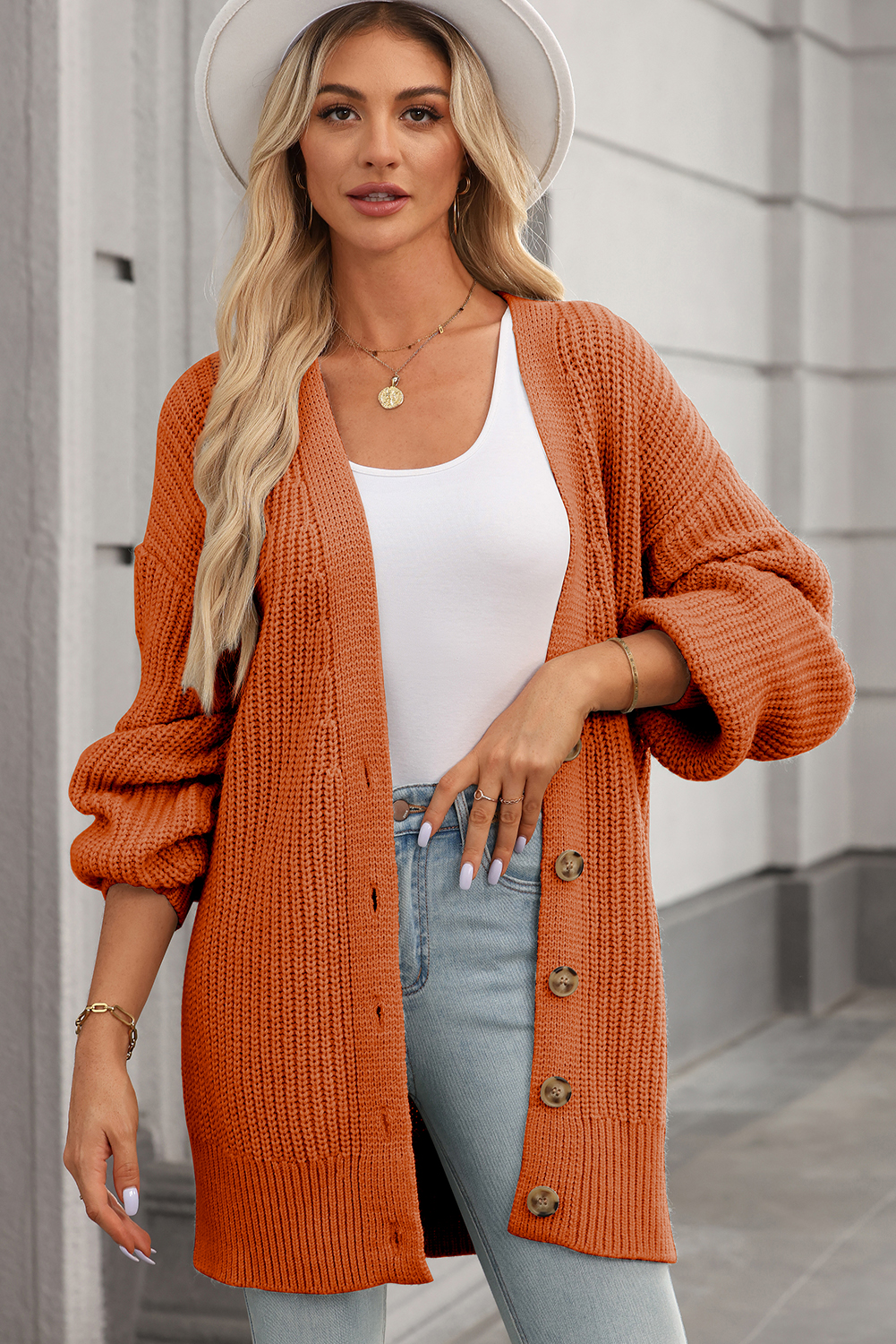 Gold Flame Button Front V Neck Chunky Cardigan Sweater
