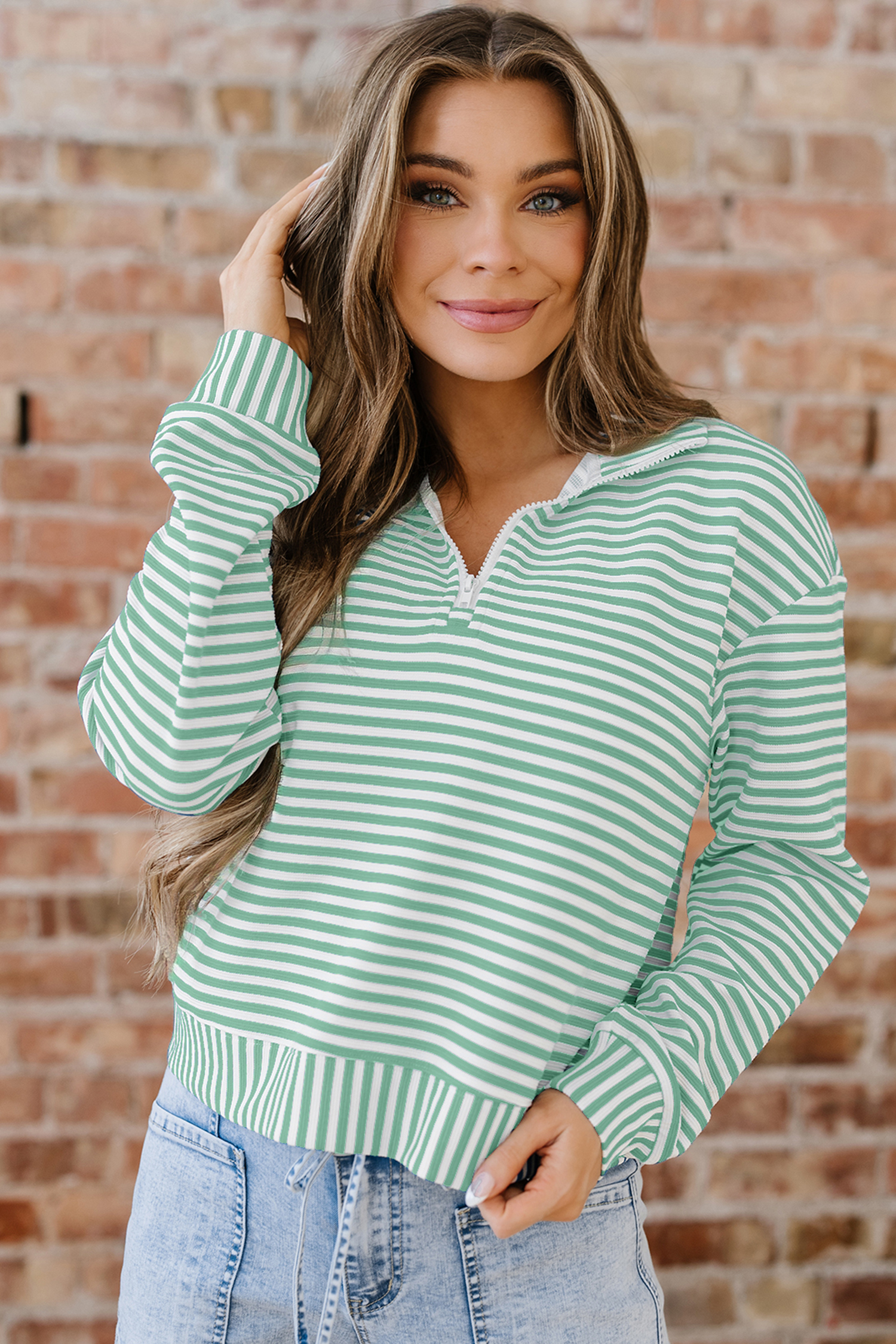 Green Stripe Quarter Zip Collar Pullover Long Sleeve Top
