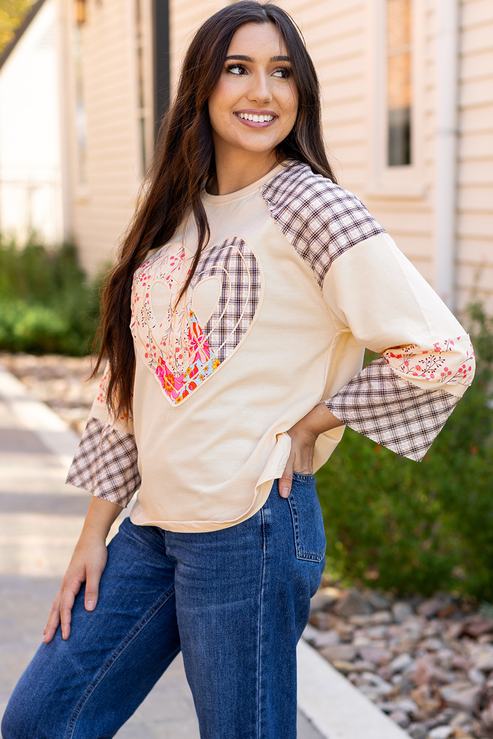 Beige Flower Patch Graphic Exposed Seam Wide Sleeve Top