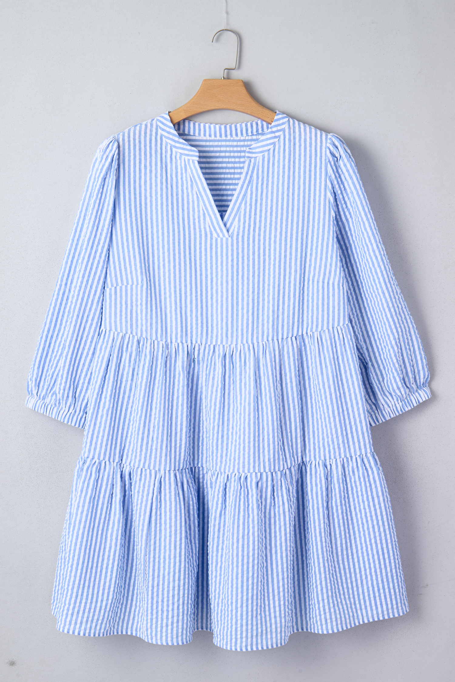 Sky Blue Stripe Seersucker Textured Notched Neck Long Puff Sleeve Tiered Curvy Dress