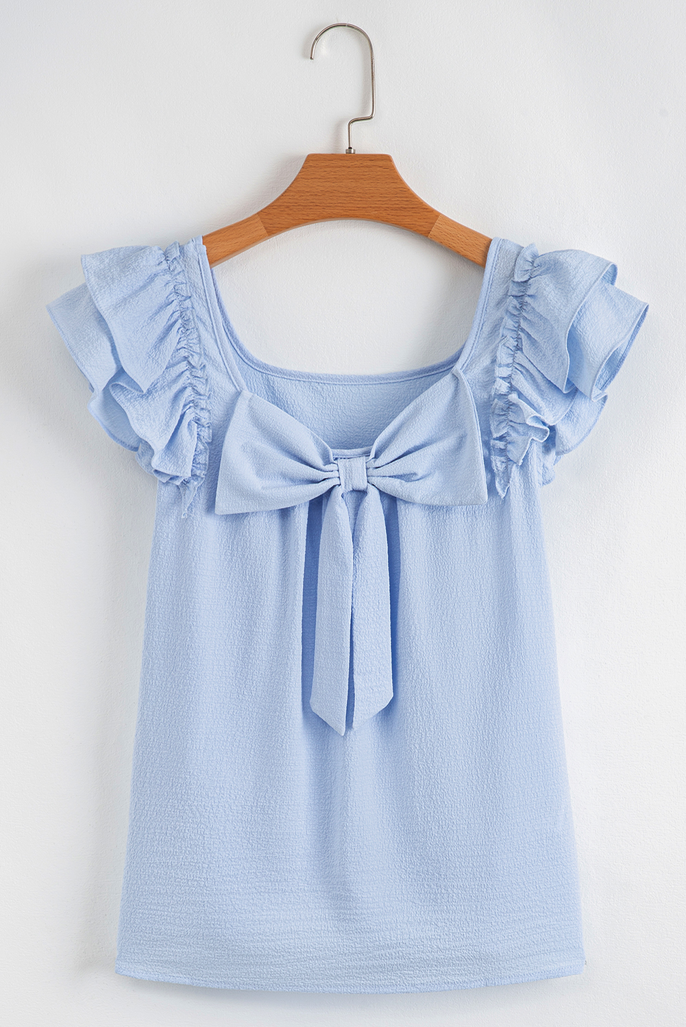 Beau Blue Textured Bow Knot Frilled Butterfly Sleeve Blouse