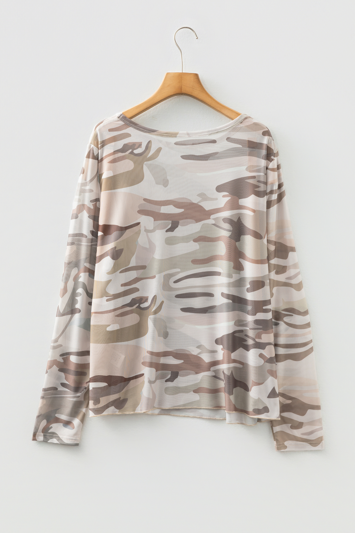 Western Fashion Camouflage Print Mesh Long Sleeve Top