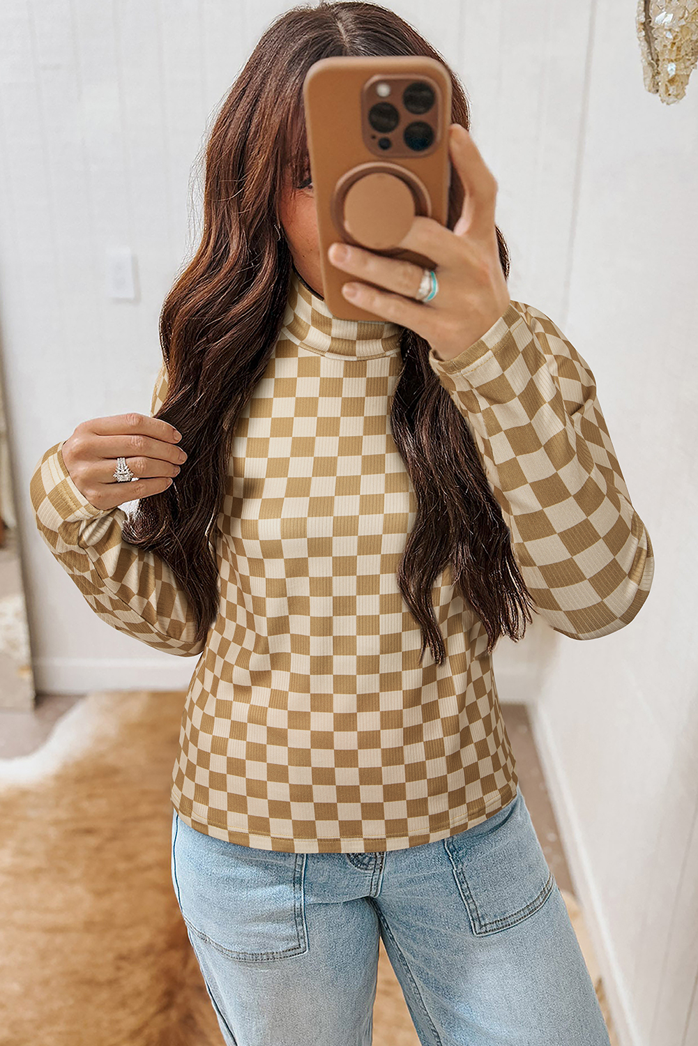 Khaki Check Pattern Turtleneck Ribbed Slim Long Sleeve Tee