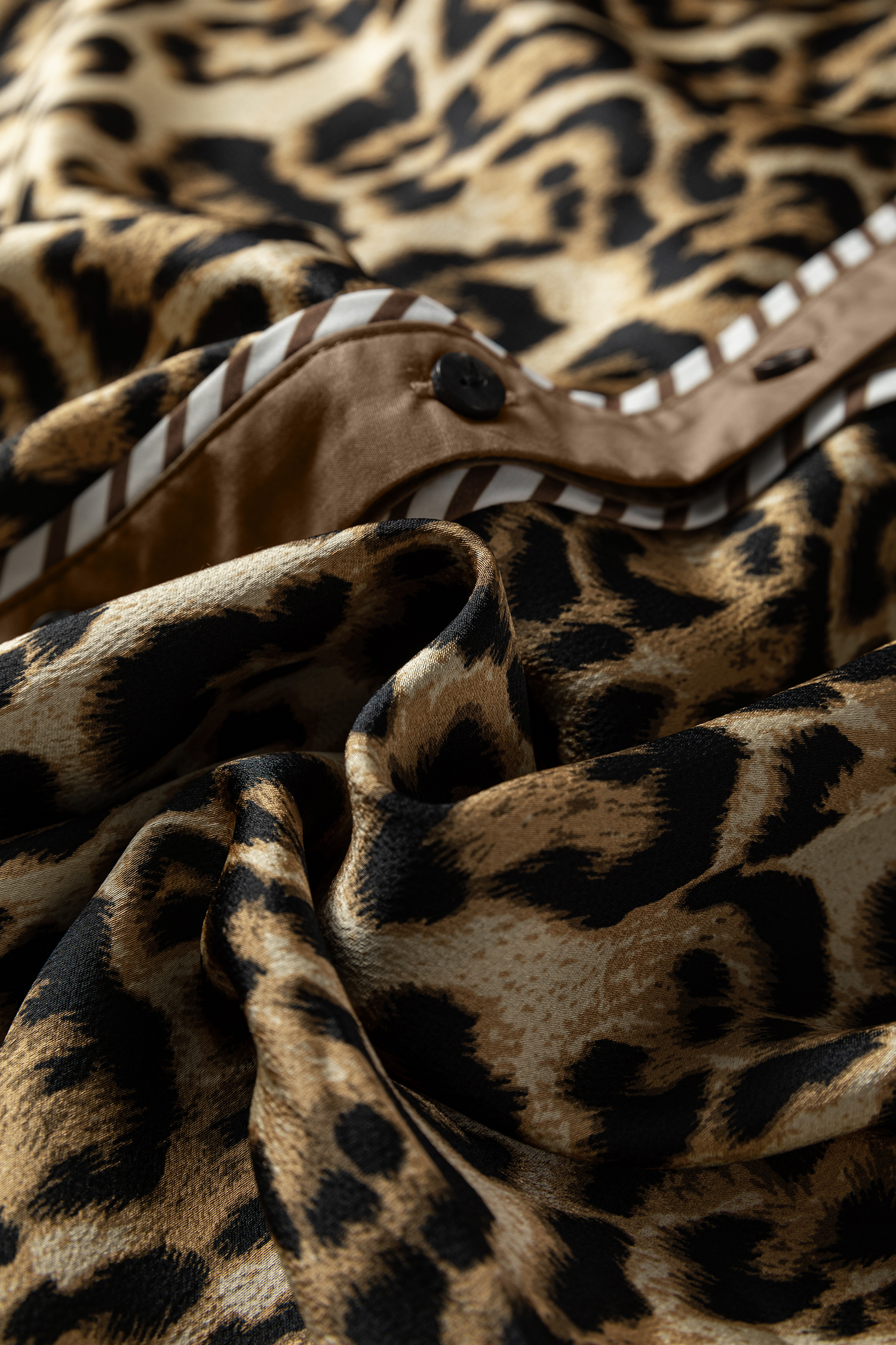 Brown Leopard Collared 3/4 Sleeve Shirt and Loose Pants Two Piece Outfit Set