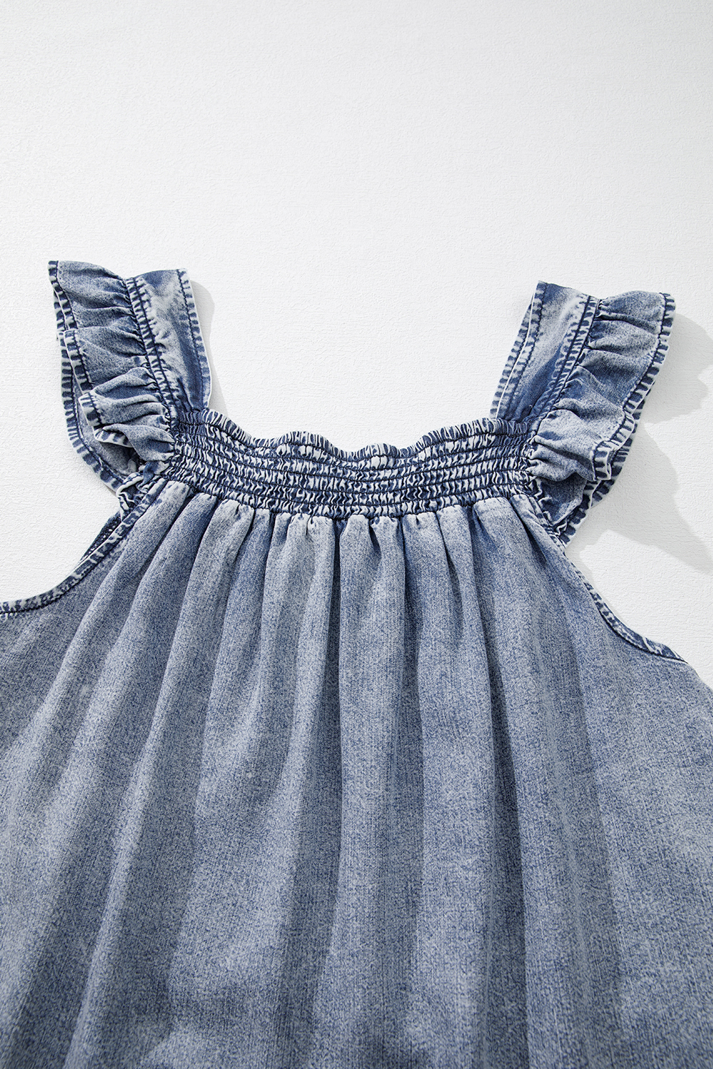 Ashleigh Blue Ruffled Shirred Neckline Sleeveless Denim Tank Top