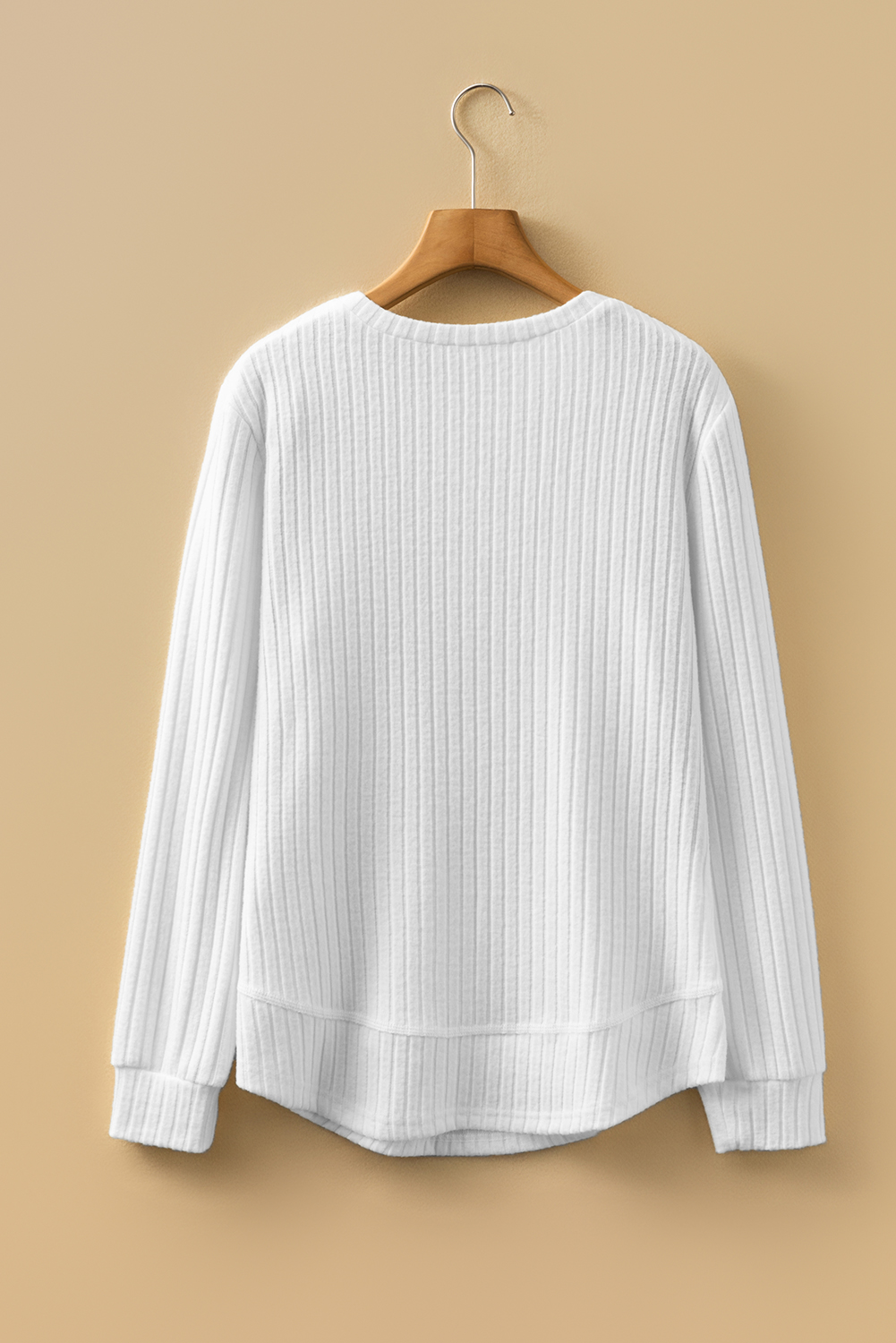 White Ribbed Texture Round Neck Long Sleeve Rounded Hem Knit Top