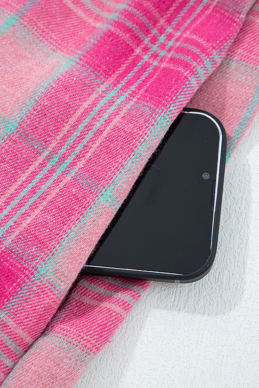 Sachet Pink Plaid Print Rounded Hem Long Sleeve Shirt with Pockets