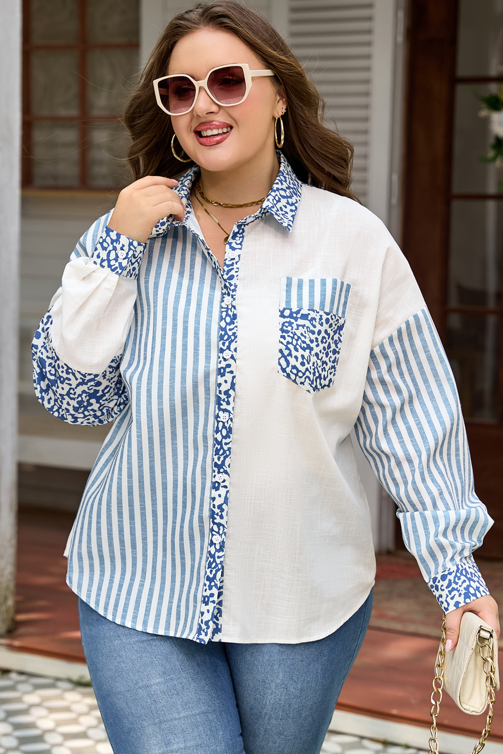 Sky Blue Leopard Striped Western Casual Shirt