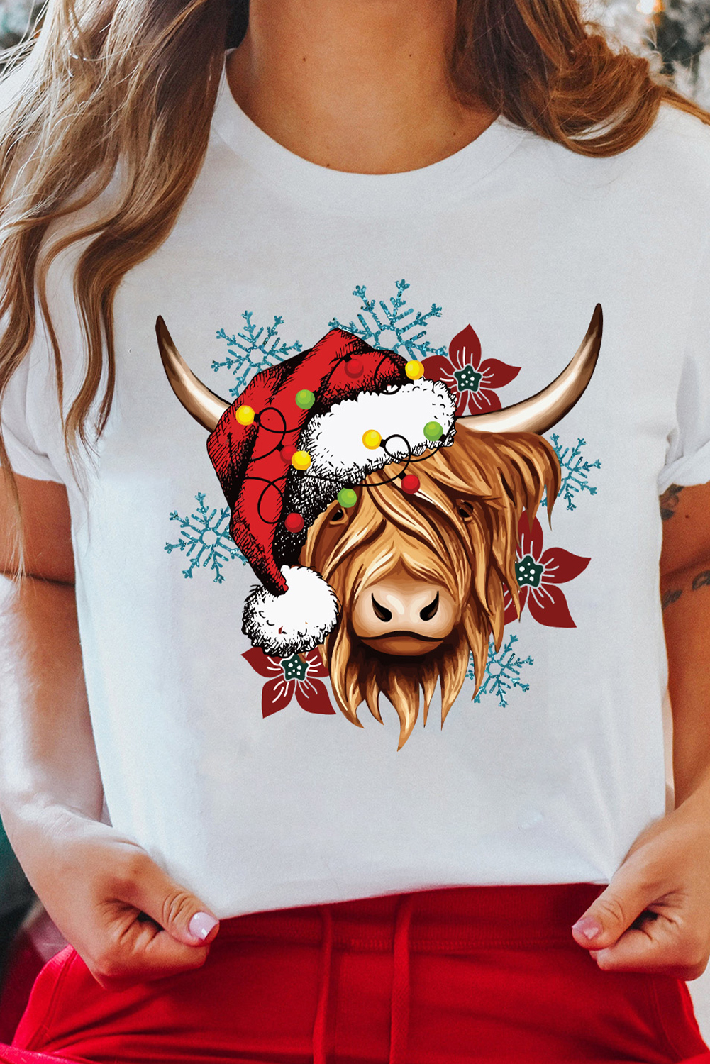 White Christmas Highland Ox Snowflake Print Womens T Shirt