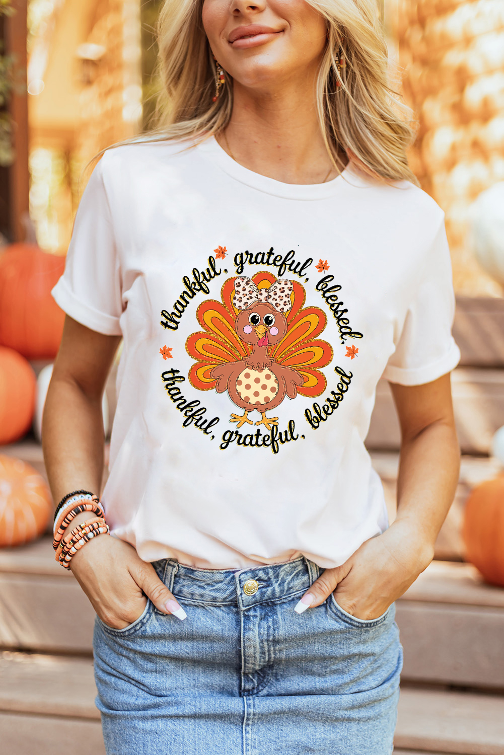 White Thanksgiving Cute Turkey Print Cotton Blend T Shirt