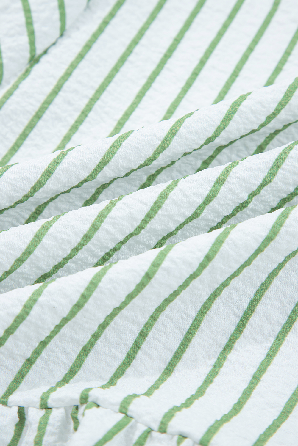 Green Stripe Flower Puff Sleeve Notched V Neck Babydoll Blouse