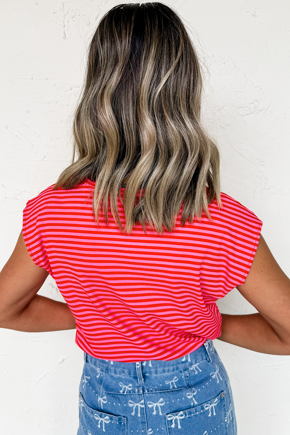 Sky Blue Stripe Ribbed Cap Sleeve Round Neck T Shirt