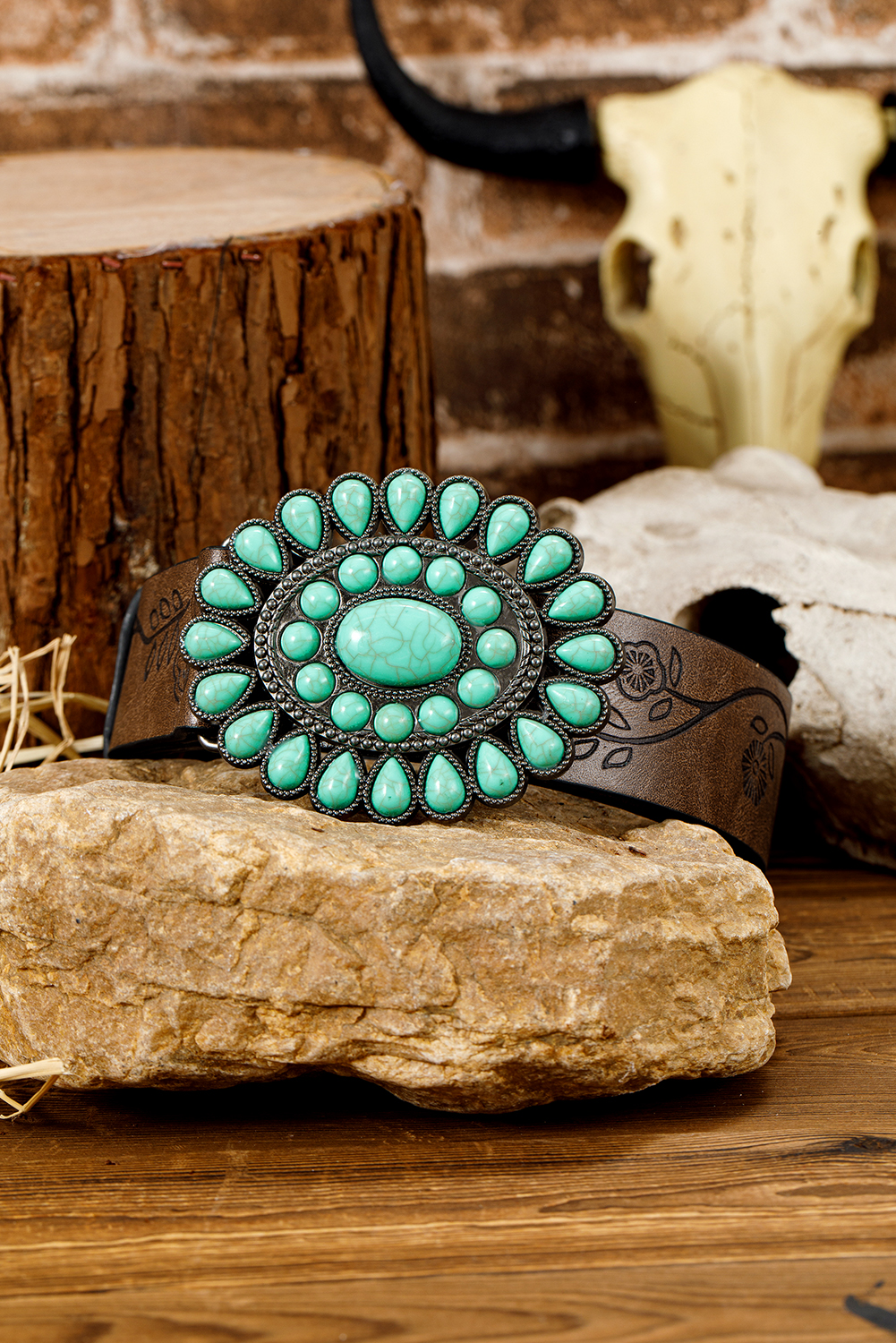 Chestnut Turquoise Gem Stone Western Fashion Faux Leather Belt