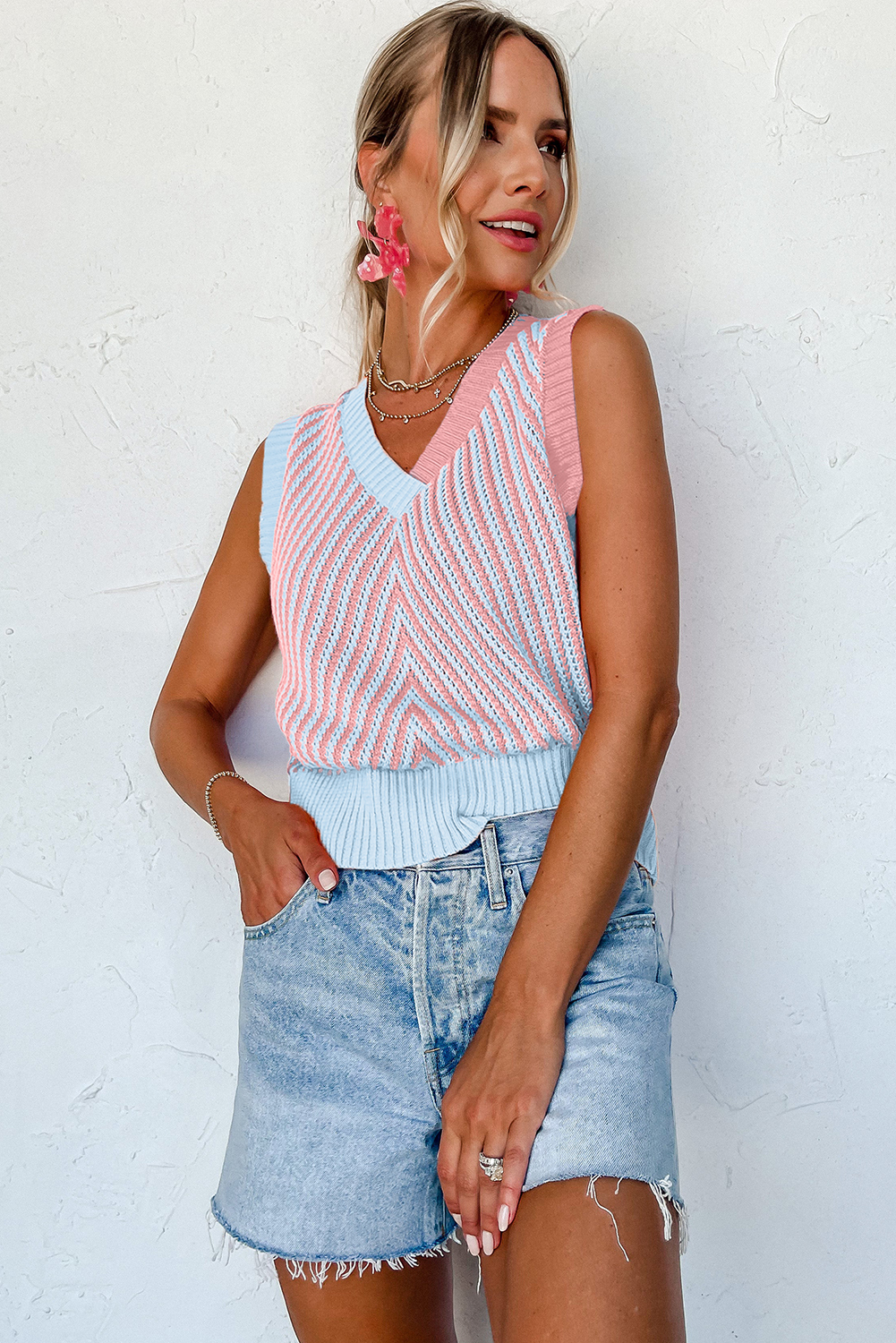 Black Contrast Chevron Knit V Neck Sweater Vest