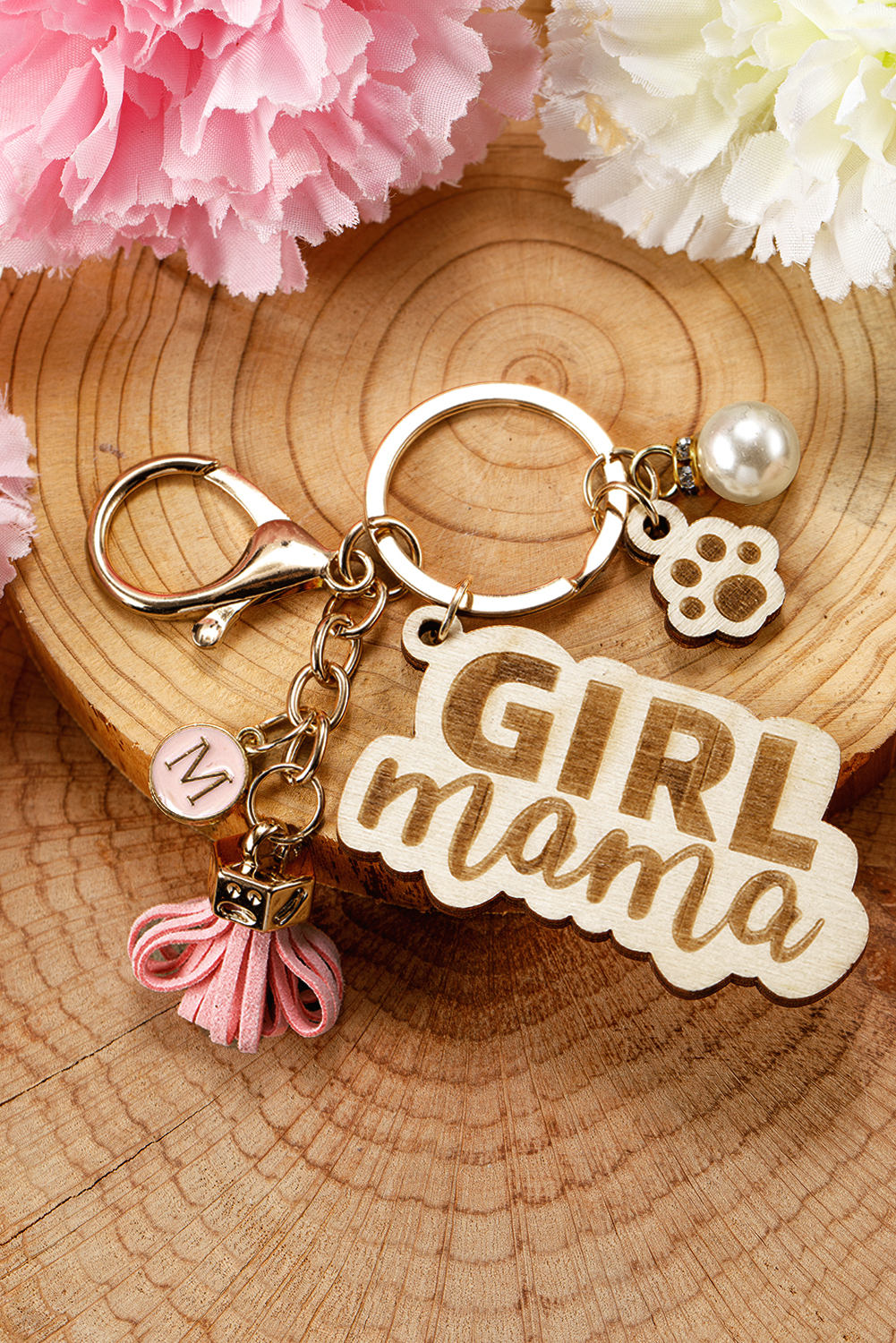 Pink Girl Mama Dog Claw Pearl Tassel Keychain