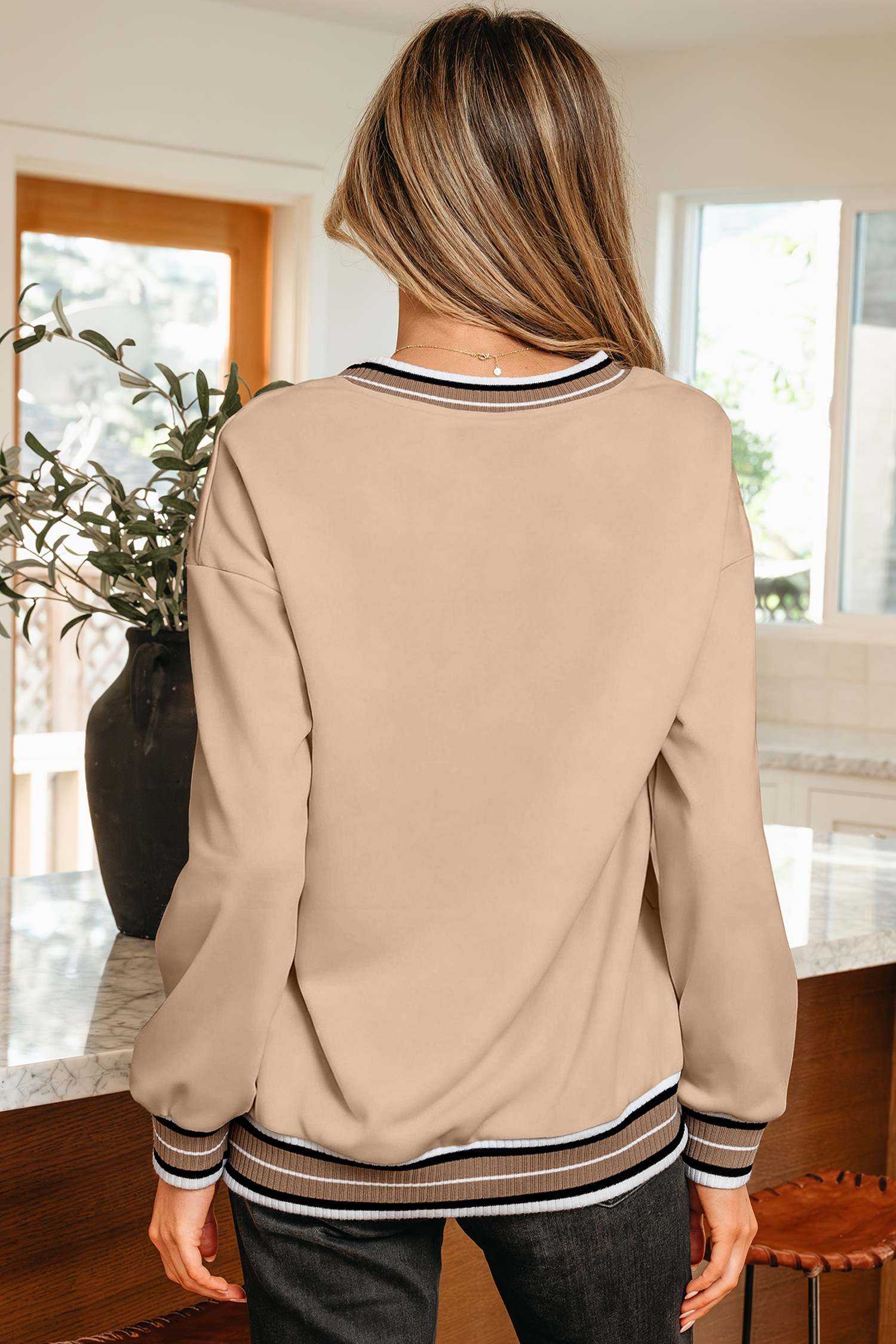 Gray Varsity Contrast Striped Trim V Neck Sweatshirt