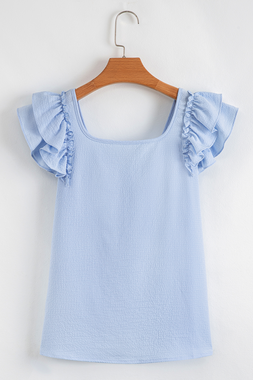 Beau Blue Textured Bow Knot Frilled Butterfly Sleeve Blouse
