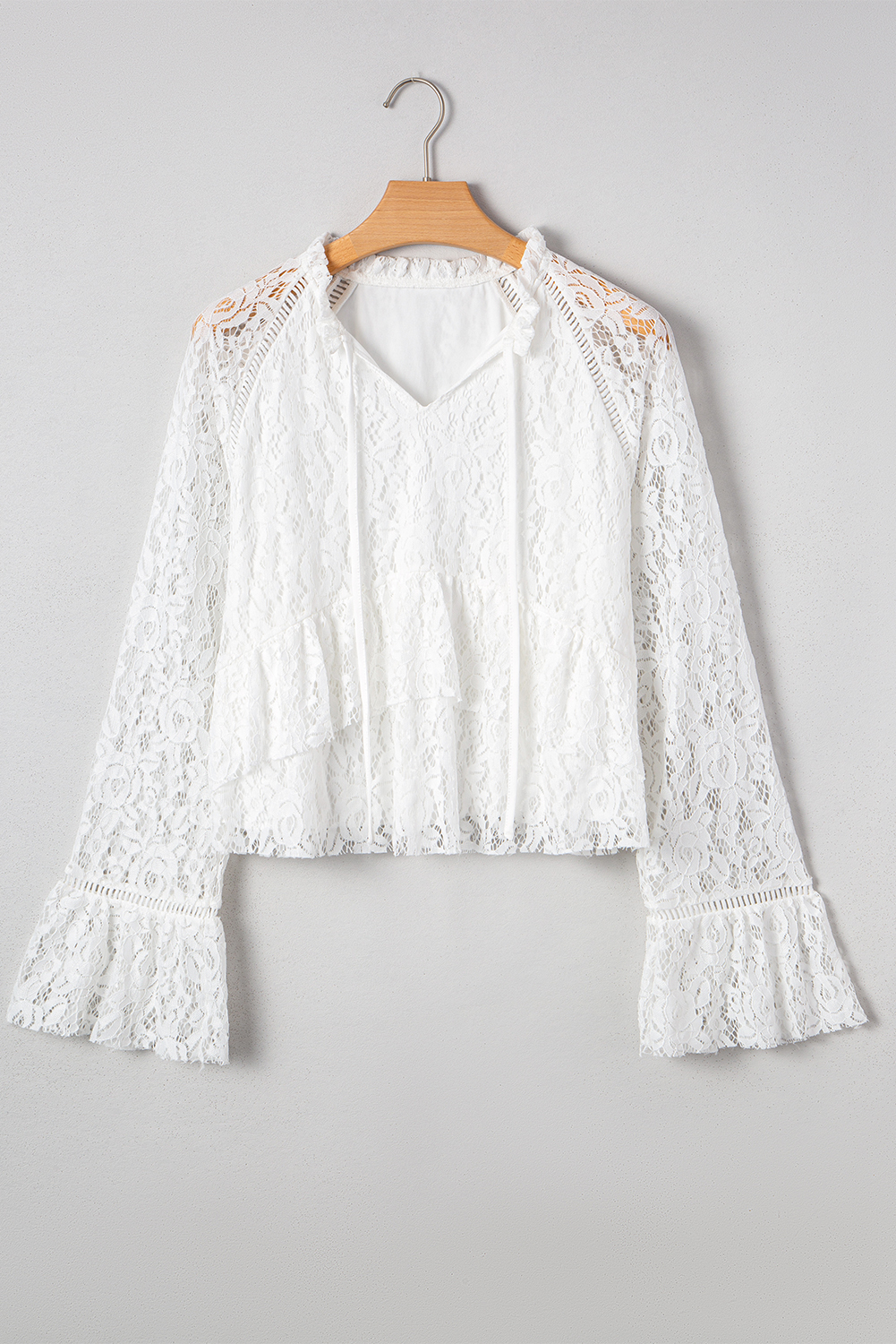 White Tie V Neck Lace Ruffle Detail Long Sleeve Blouse