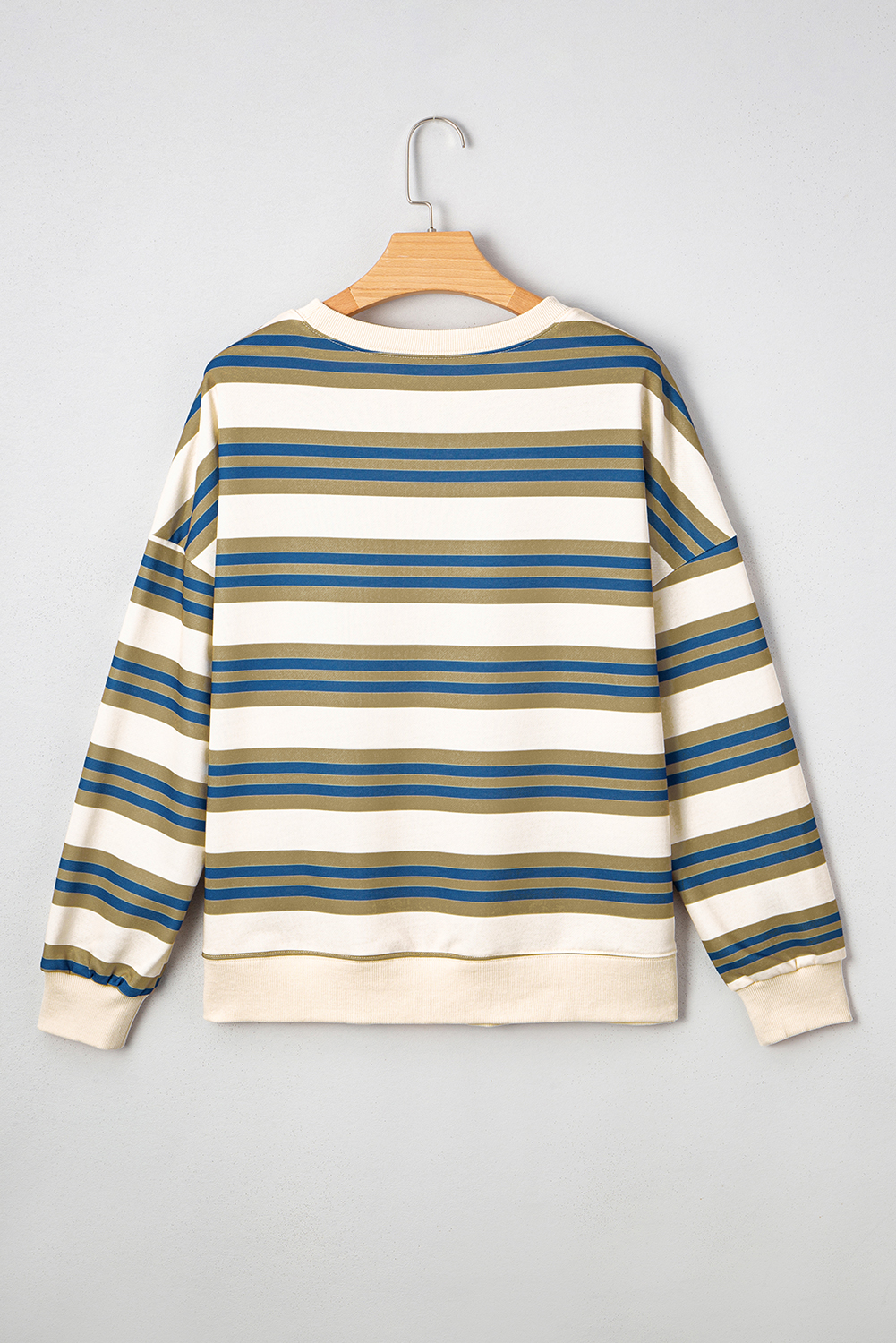 Khaki Stripe Crew Neck Drop Shoulder Pullover Sweatshirt