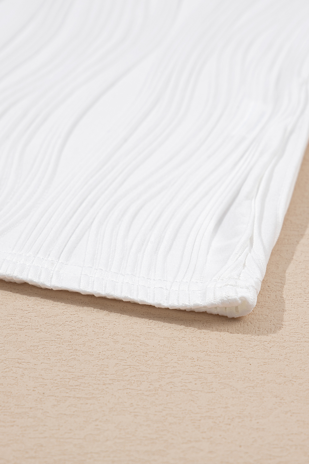 White Wavy Textured Button V Neck Tee