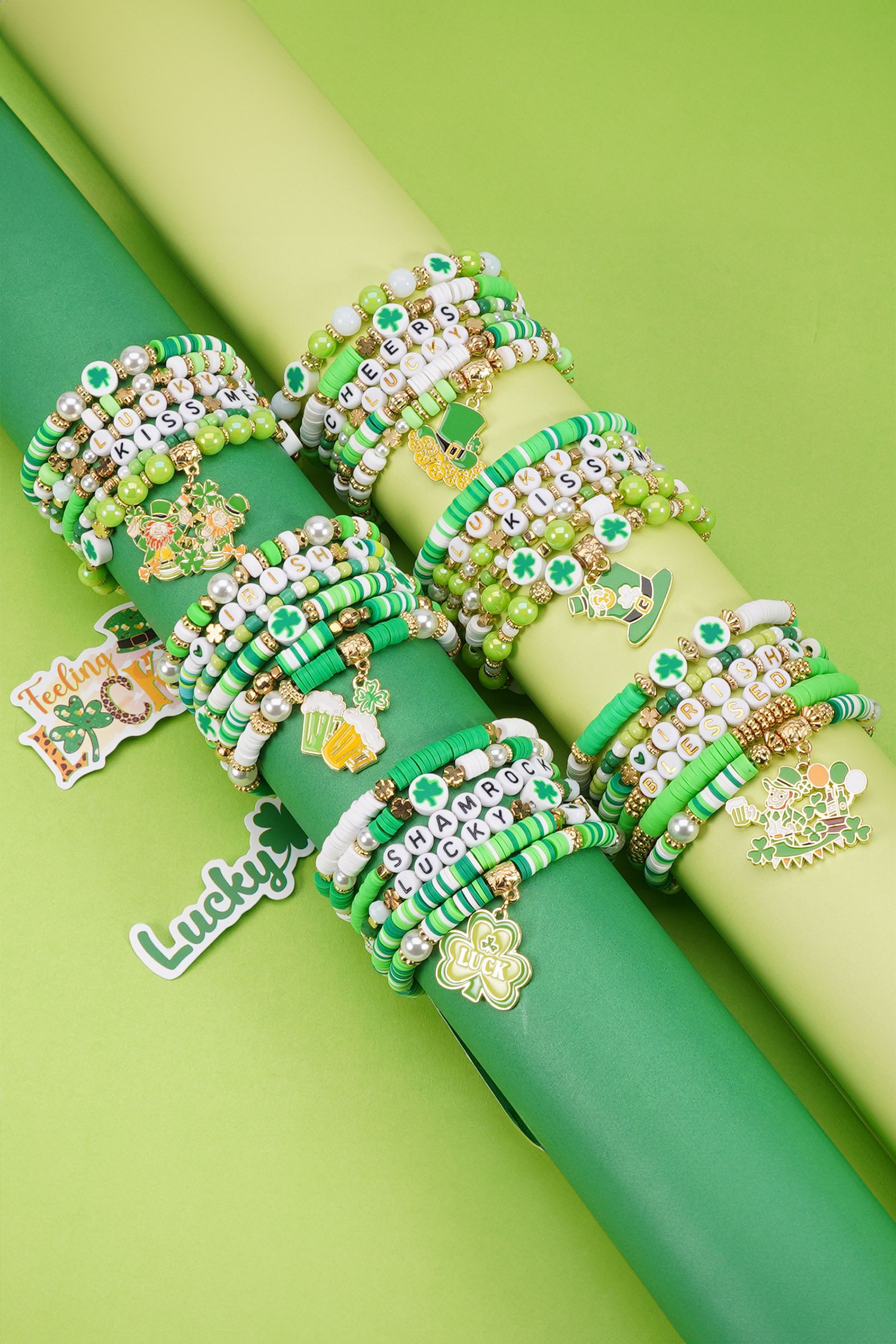 Green LUCKY CHEERS St Patricks Day Multilayered 6pcs Bracelet Set