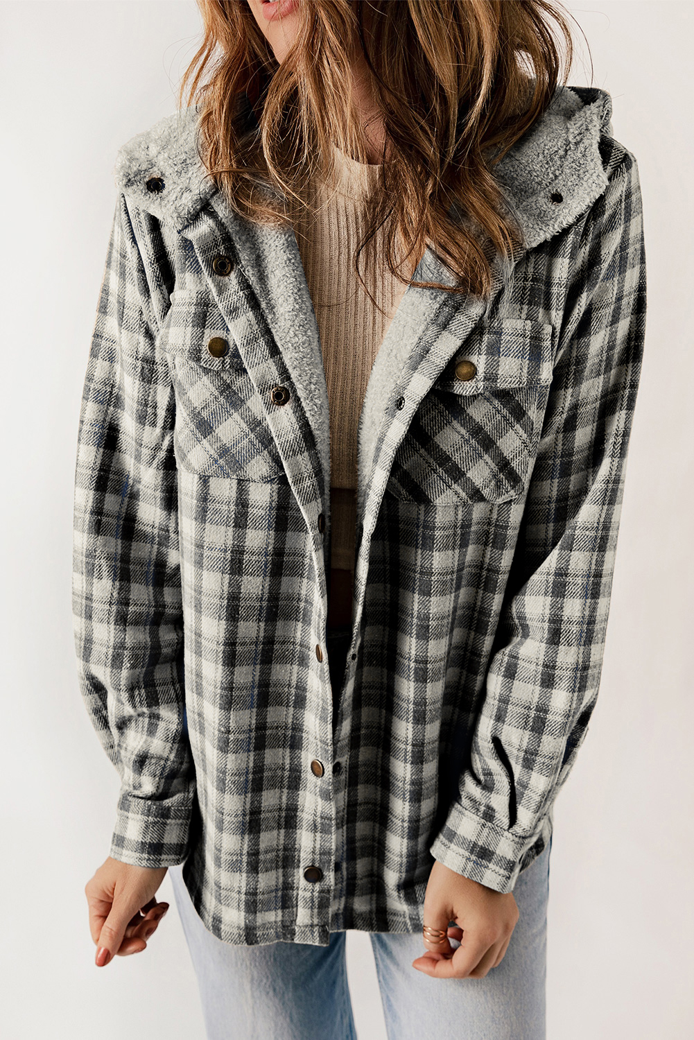 Black Plaid Pattern Sherpa Lined Hooded Shacket