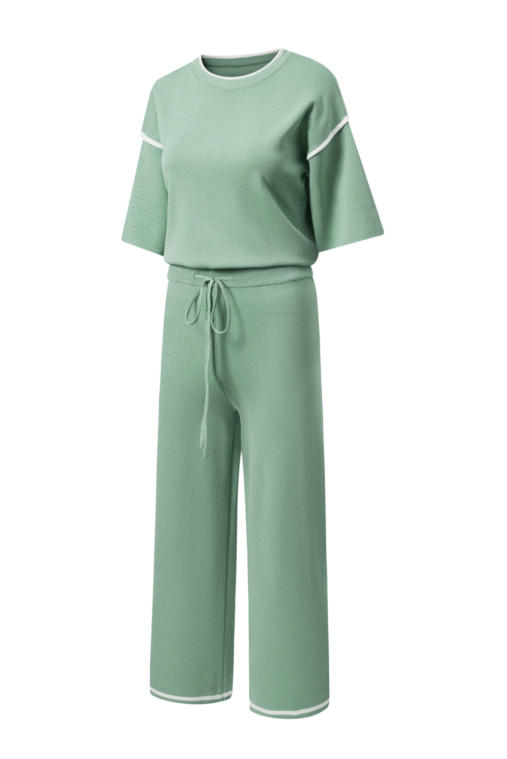 Blackish Green Contrast Trim Half Sleeve Top Drawstring Pants Loose 2pcs Sweater Suit